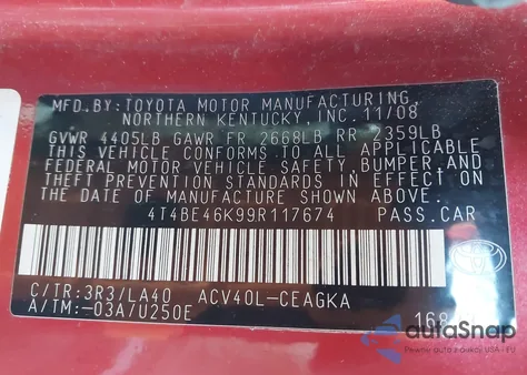 2009 Toyota Camry Xle z USA, uszkodzony, nr VIN 4T4BE46K99R117674